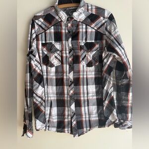 BKE Black, White, and Rust Plaid Snap Button Down Shirt